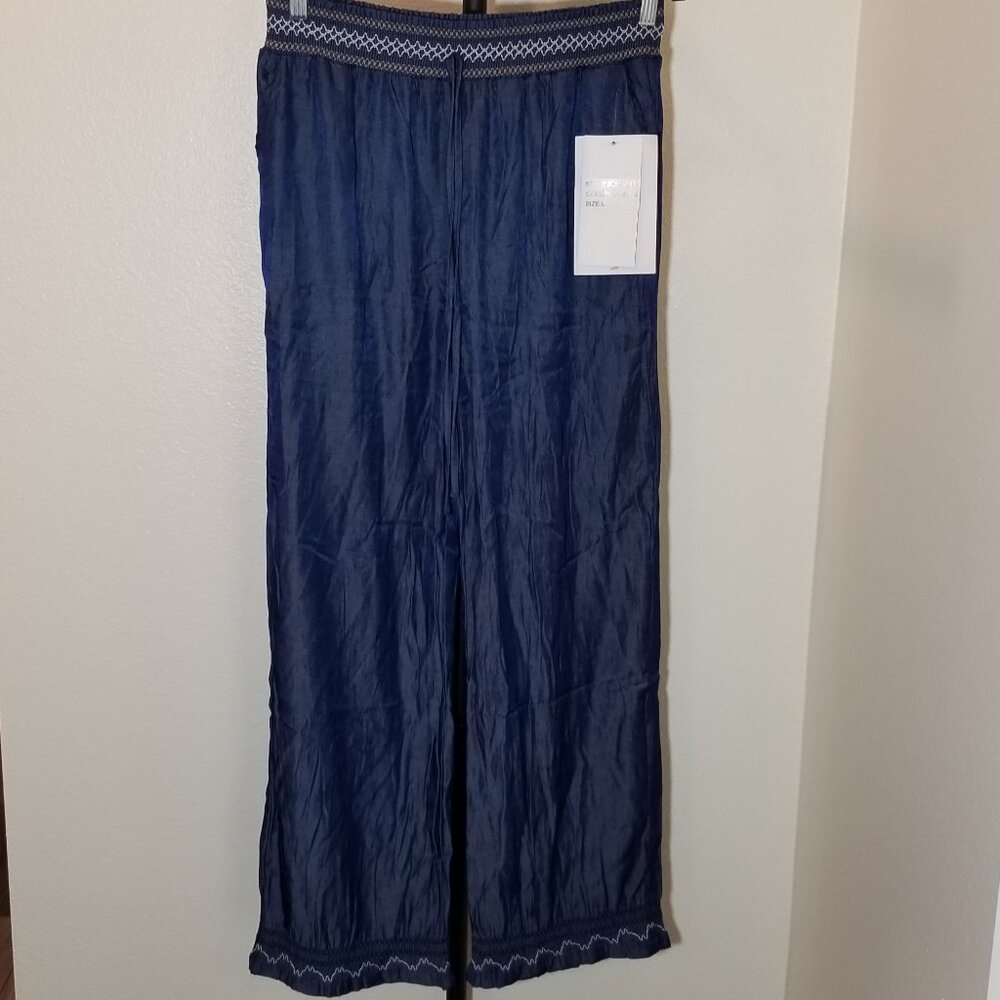 Indigo & Lace Womens Large Palazzo Wide Leg Blue Pants Boho Retro Peasant NWT